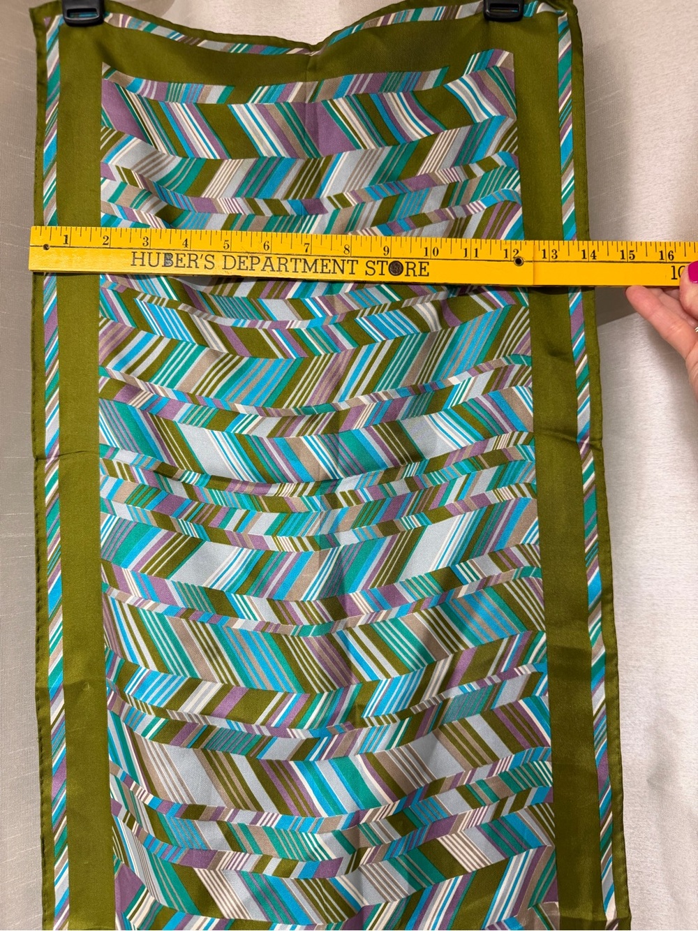 Echo Striped 100% Silk Scarf with Olive Border. - Picture 5 of 5